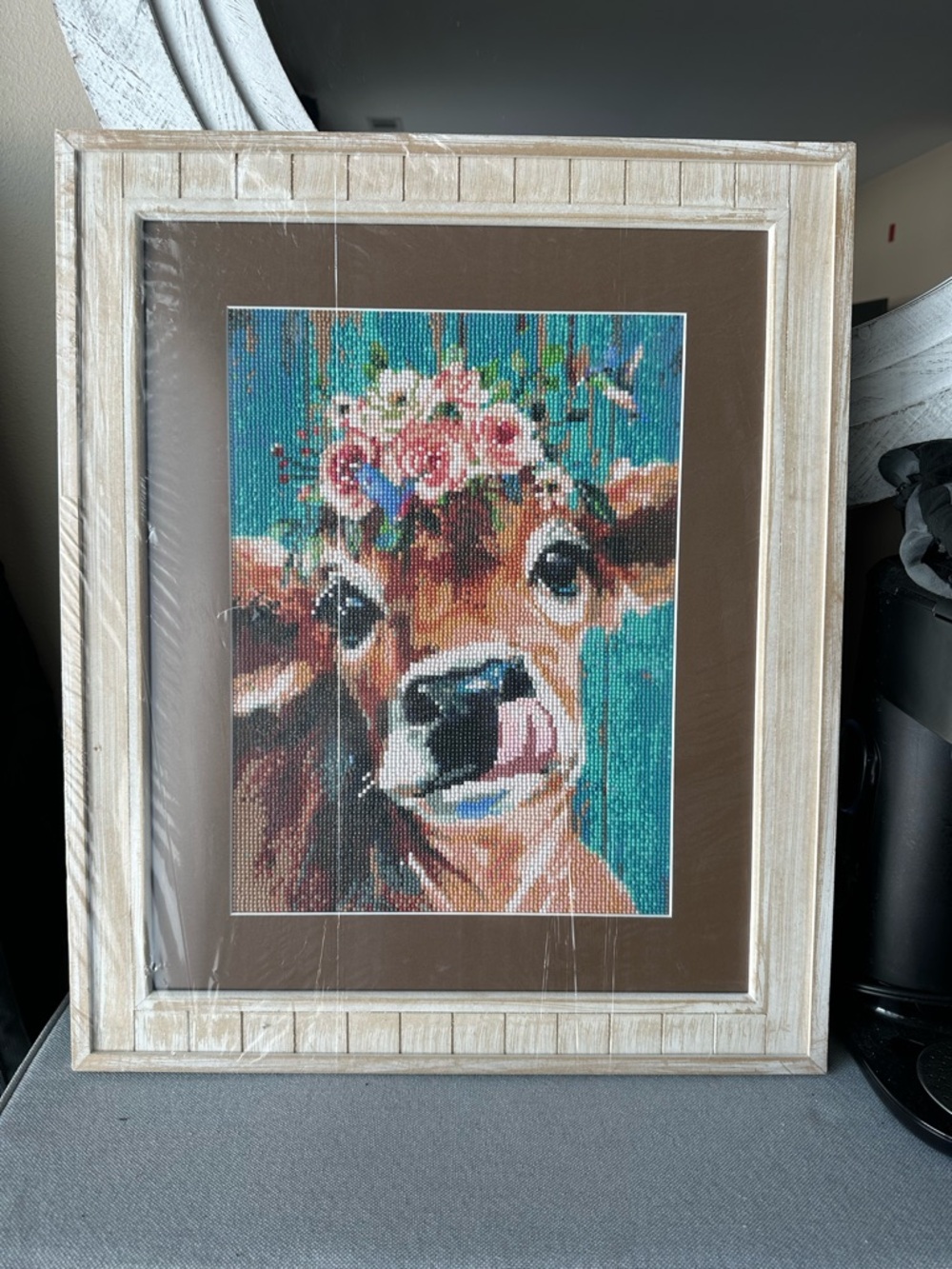 Whimsical Cow Diamond Art in Whitewashed Frame - Teal, Brown, Pink